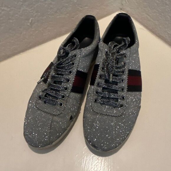 Gucci Women's 9.5 Bambi Webb Metallic Sneakers Silver Blue Red Icon Stripe Disco - Picture 14 of 16